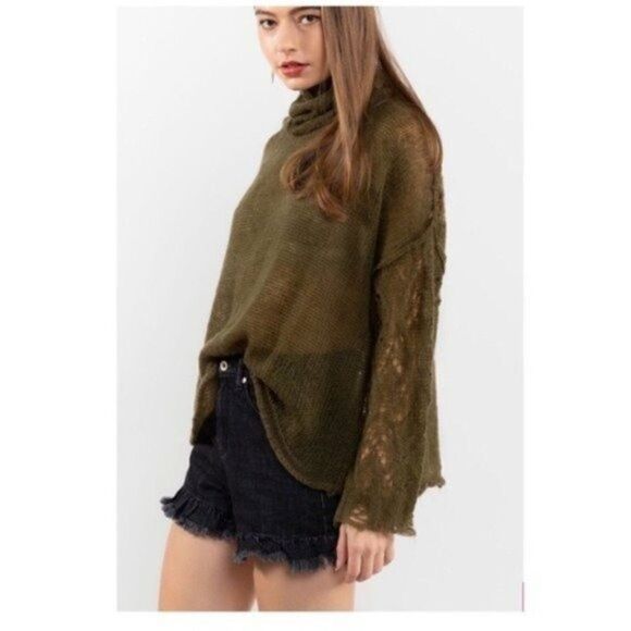 POL Open Weave Turtleneck Sweater In Olive - Picture 6 of 13